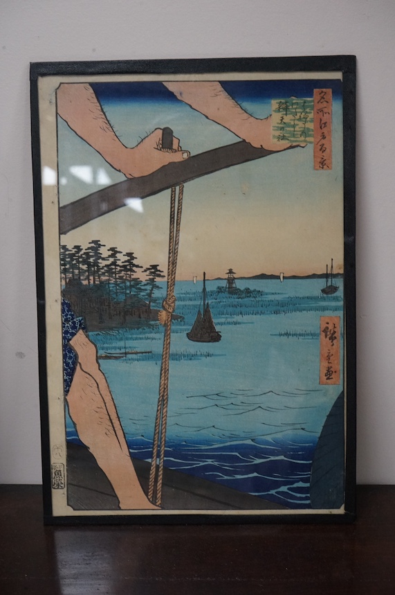 After Hiroshige (1797-1858), pair of Japanese woodblock prints, Oban format, ‘Fudo Falls, Ogoji’ and ‘Haneda Ferry’, 36 x 25cm. Condition - fair